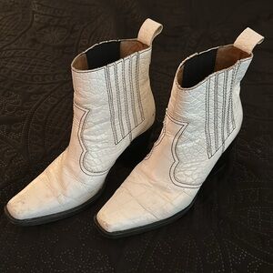 Ganni Embossed Lather White Western Style Ankle Boots